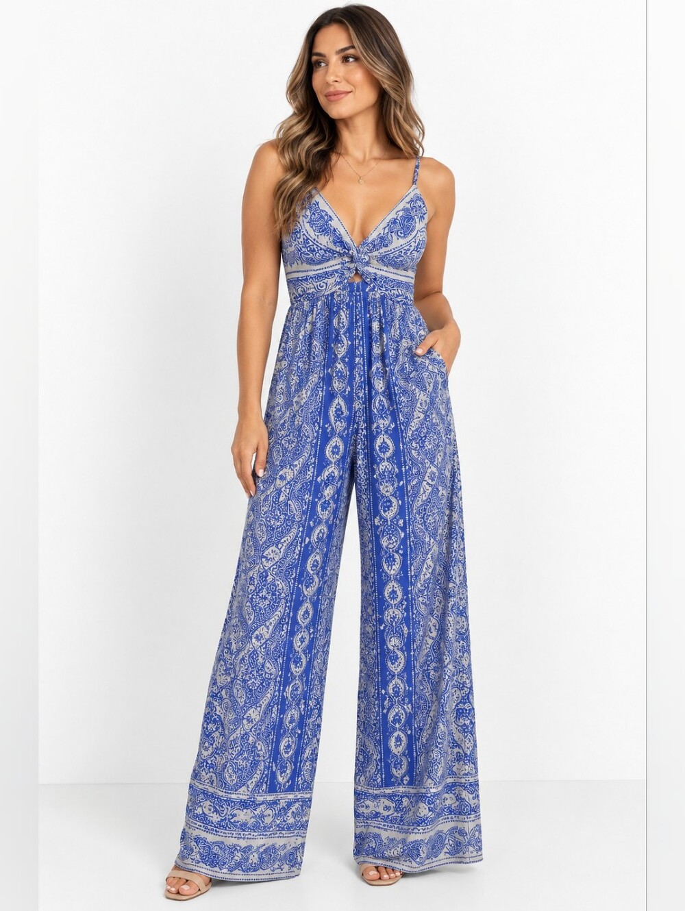 Angie Blue Paisley-Print Wide-Leg Jumpsuit with Spaghetti Straps